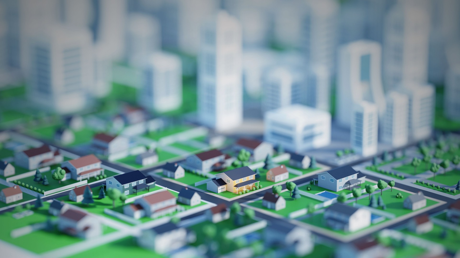 Clean, modern city with parks and green spaces. Digital 3D rendering.